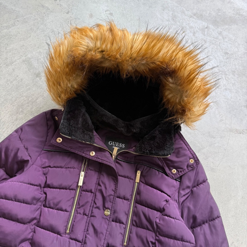 Guess Womens Plum Purple Quilted Puffer Jacket Faux Fur Hood Gold Hardware